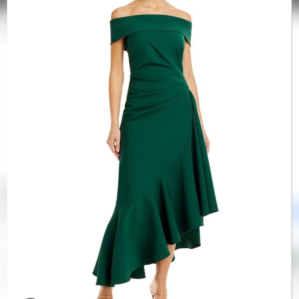 NWT Eliza J Off The Shoulder Asymmetrical Hem Dress Size 10 In Emerald Green